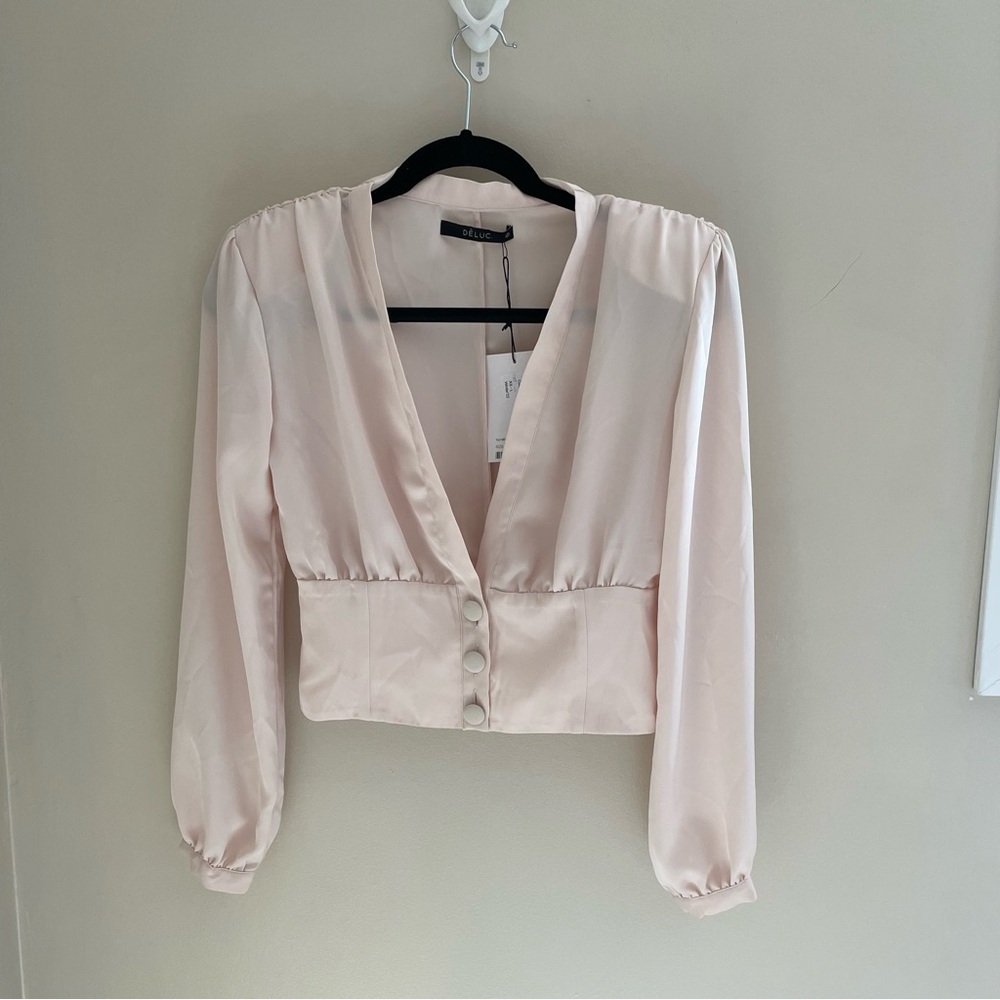Deluc Alessi V-Neck Satin Blouse in Pearl, NWT